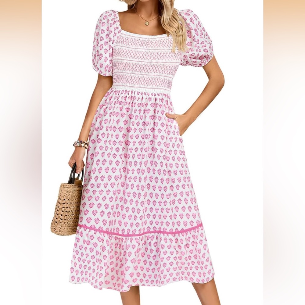 Smocked pink & white floral cottagecore midi dress- bump friendly, spring